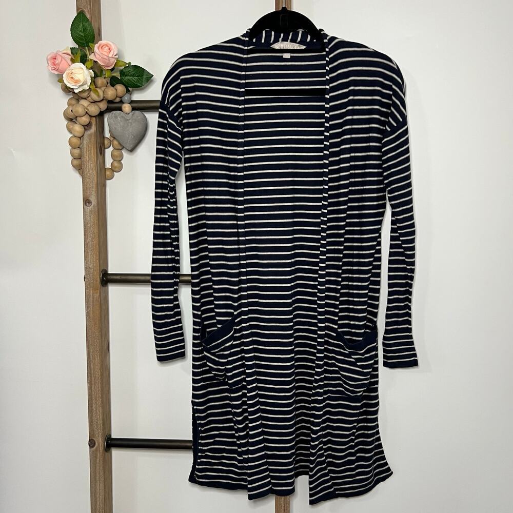 Athleta Silk Cashmere Navy White Striped Front Wide Open Cardigan Size Small
